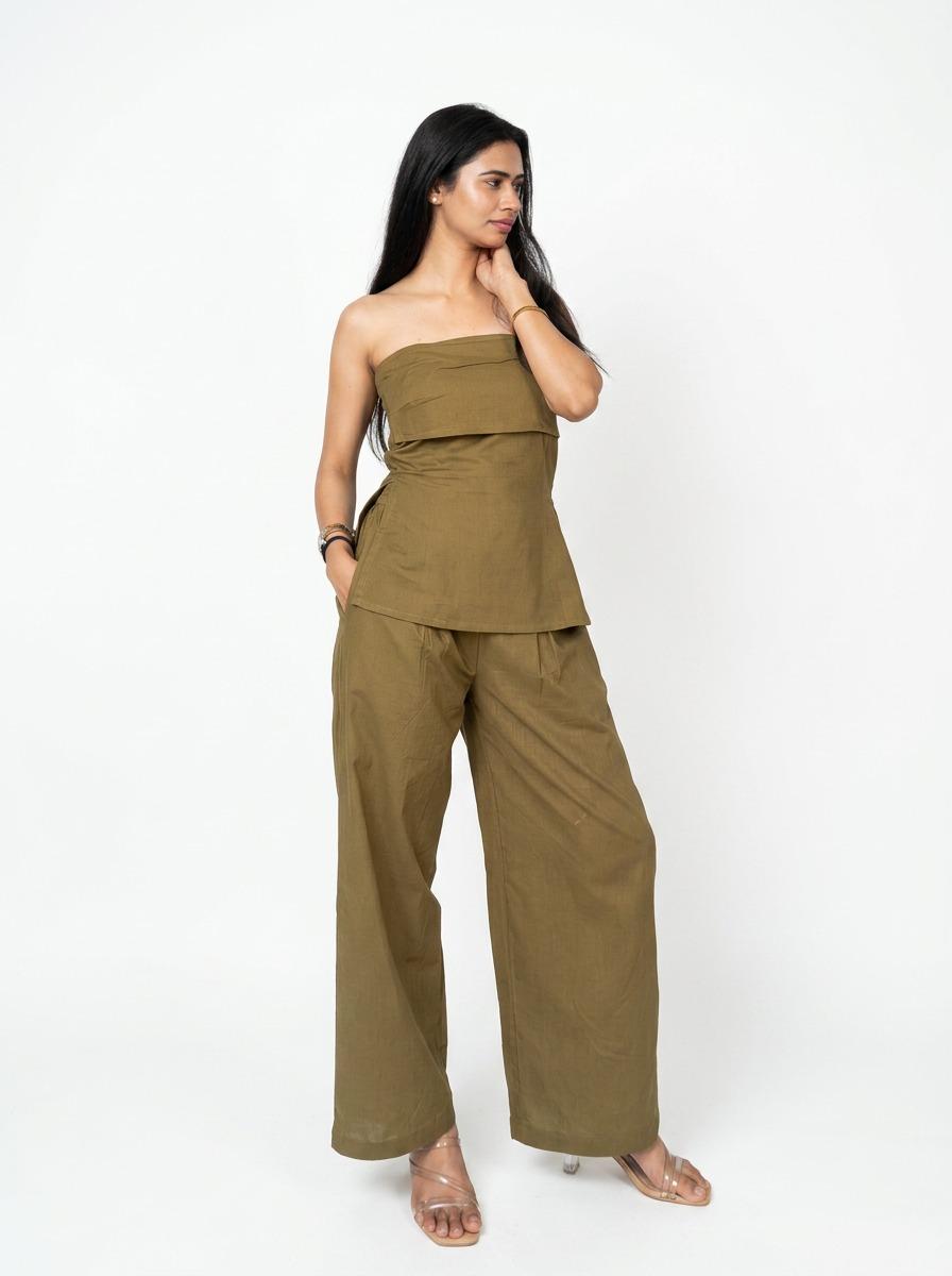 Olive Green Cotton Tube Top and Wide-Leg Pant Co-ord Set