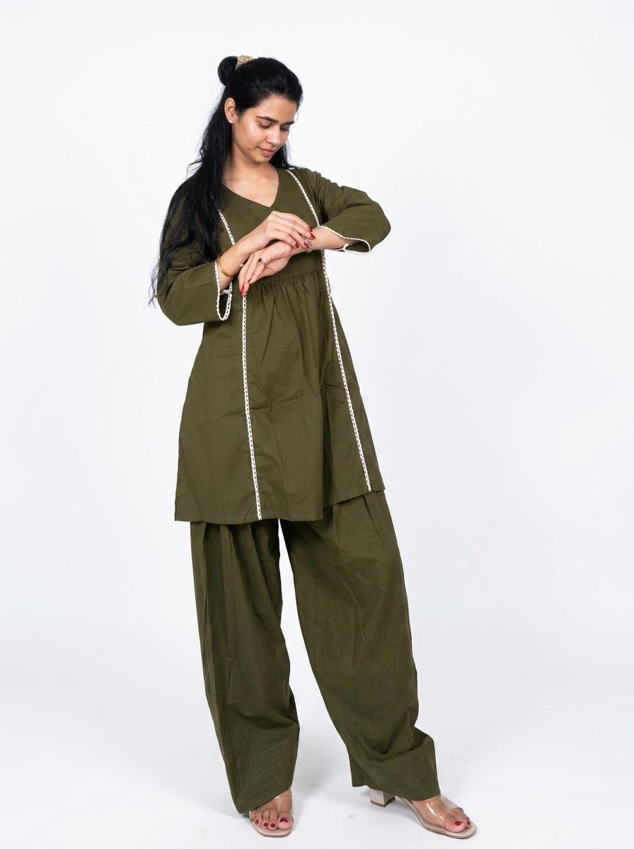 Olive Green Cotton Frock-Style Kurti with Farshi Salwar Set