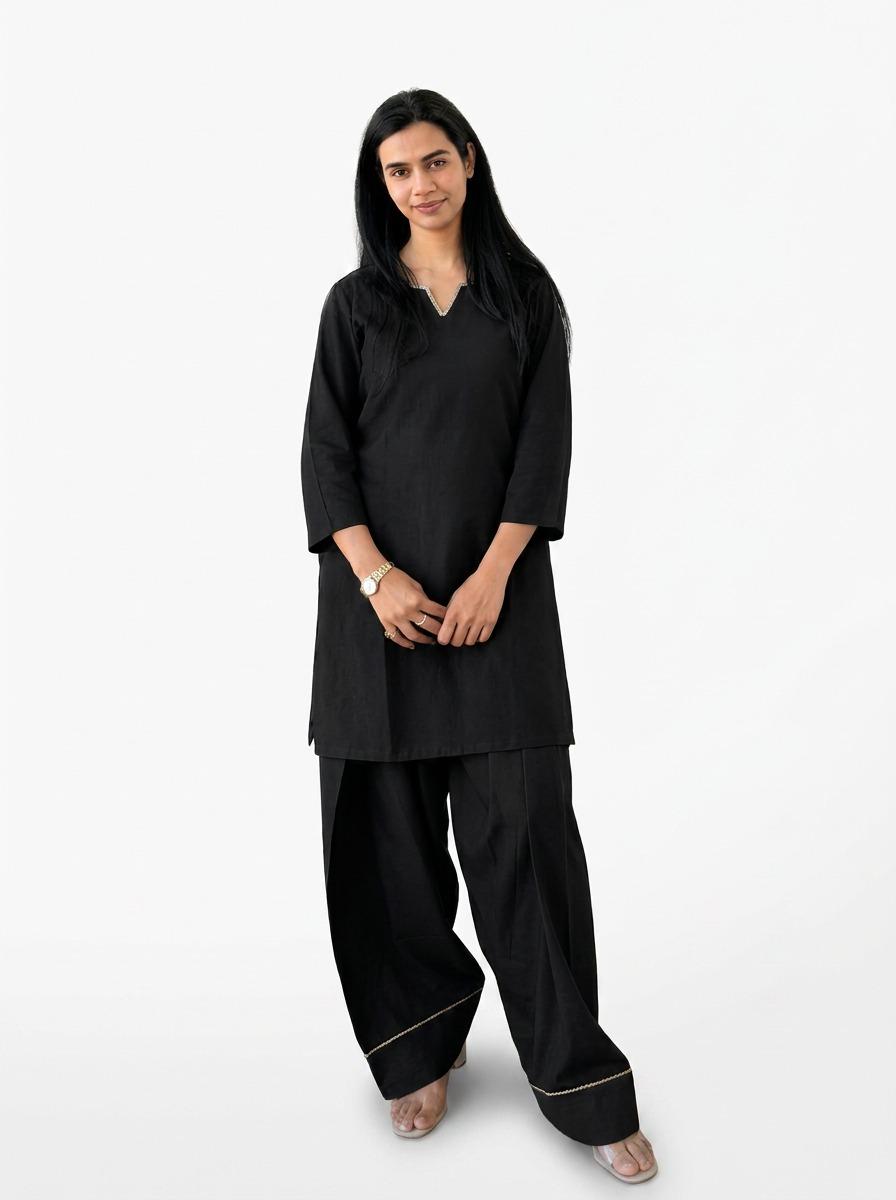 Solid Black Rayon Kurti with Farshi Salwar Set for Women