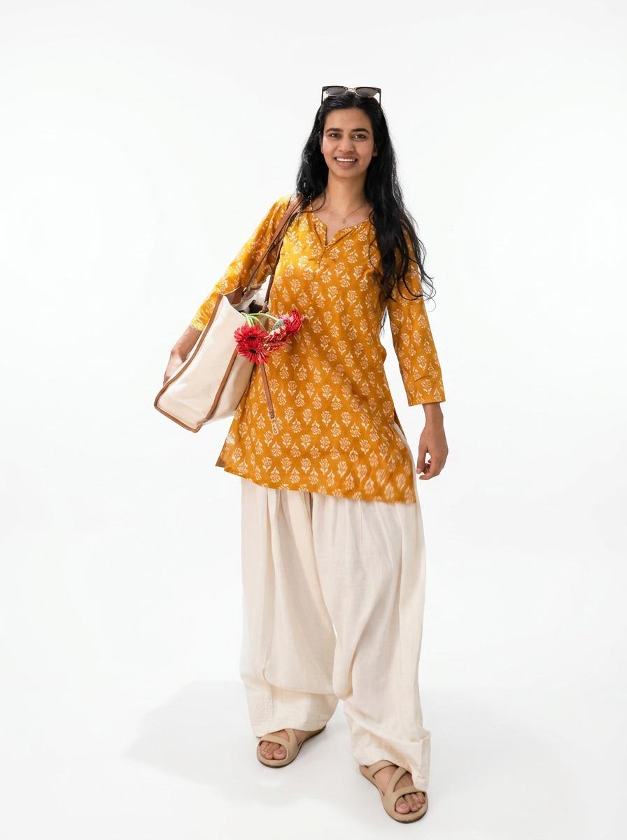 Mustard Yellow Block Print Cotton Kurti with Farshi Salwar Set