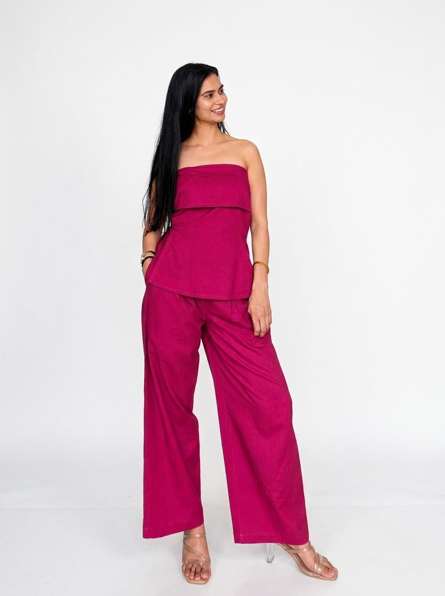 Rani Pink Cotton Tube Top and Wide-Leg Pant Co-ord Set