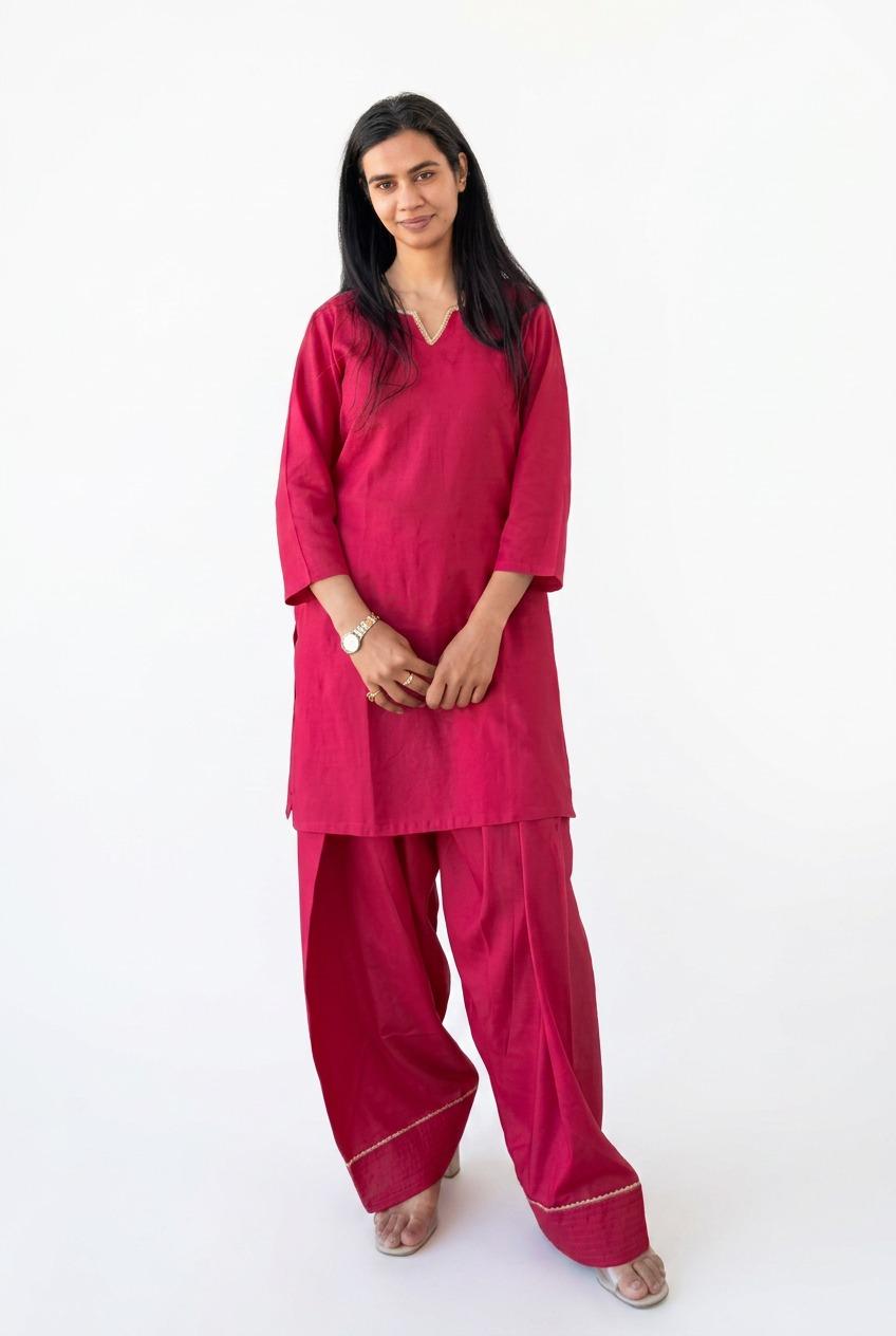 Solid Rani Pink Kurti with Farshi Salwar Set for Women