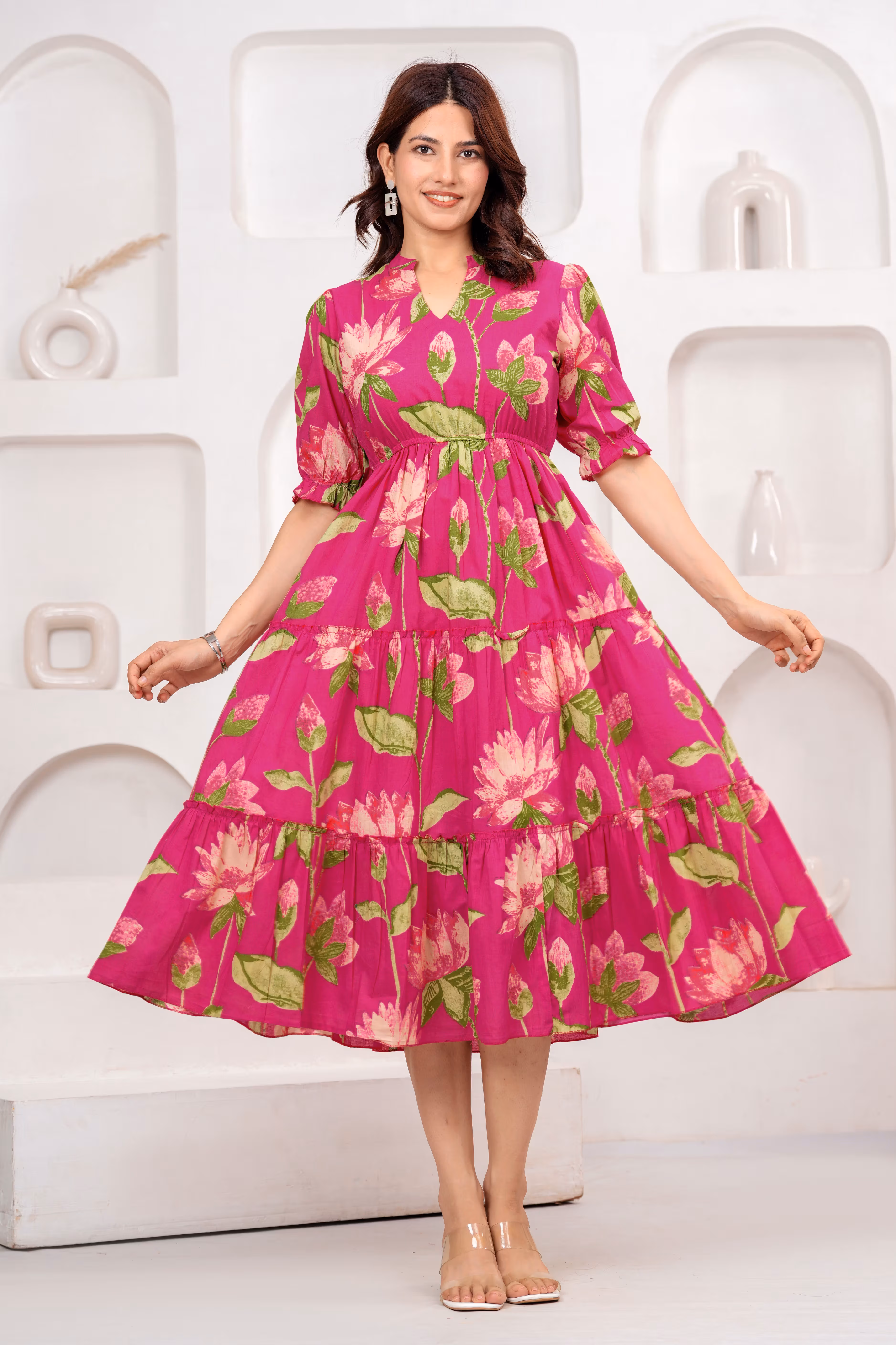 Baby Pink Floral Print Cotton Dress