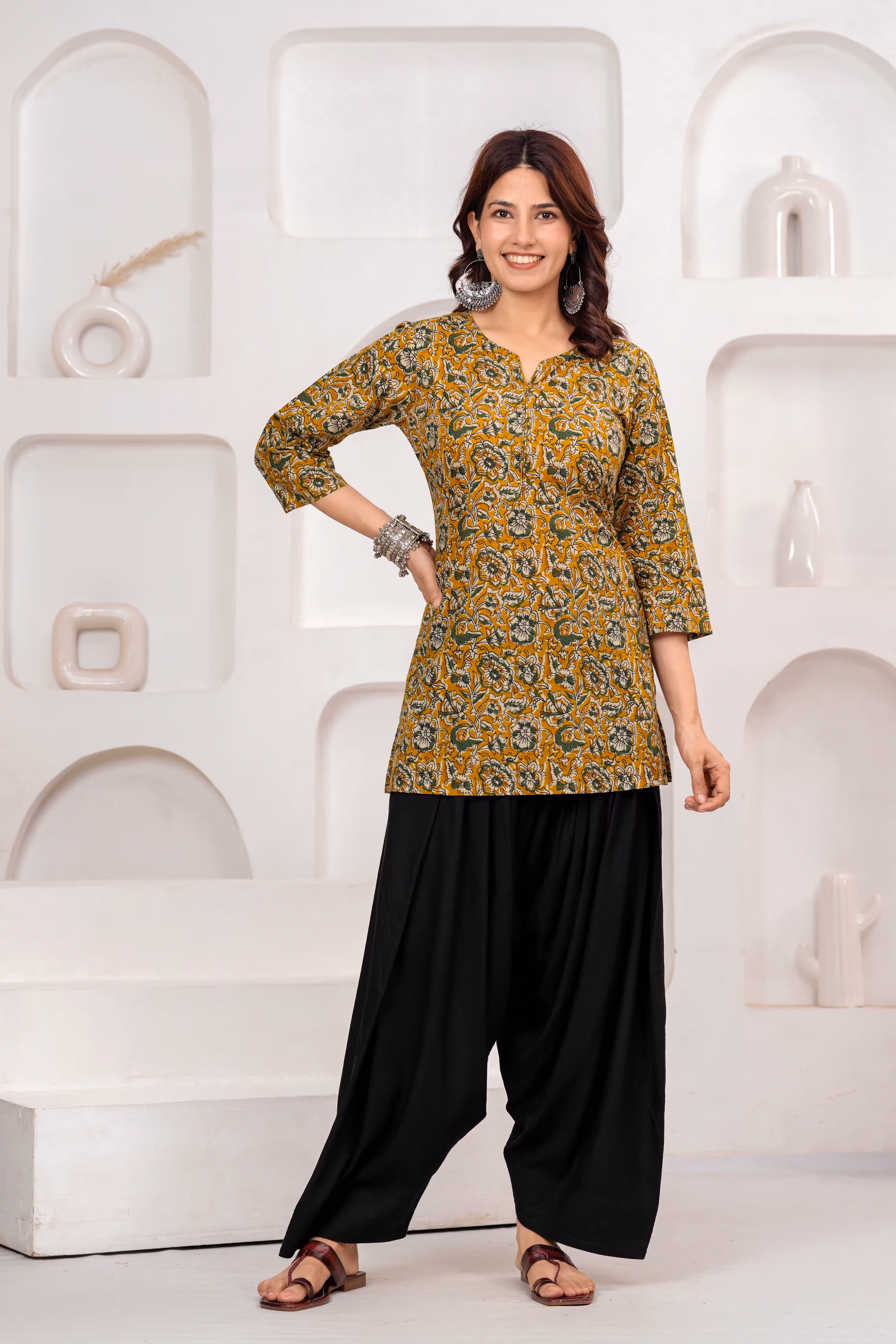 Mustard Cotton Kurta with Black Farshi Salwar Set